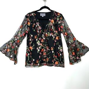 Boho Dark Fairycore Sheer Bell Sleeve Ruffle Blouse Embroidered Whimsigoth